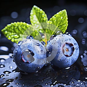 Macro shot of two blueberries with water drops and blurred green leaves, made with generative ai