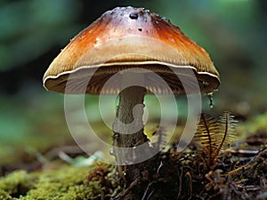 Macro shot of two mushrooms in the autumn forest with raindrops