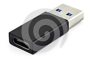 Macro shot of the USB type-C to USB type-A 3.0 adapter, isolated on a white background.