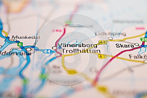 Macro shot of VÃÂ¤nersborg TrollhÃÂ¤ttan map location..