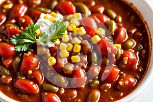 Macro shot of vegan chili, highlighting the mix of beans, tomatoes, and corn, with a dollop of vegan sour cream. AI