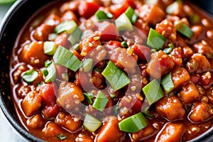 Macro shot of vegan chili topped with chopped green onions and red chili flakes, focusing on the garnish and texture. AI