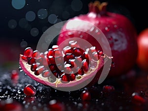 Macro shot, very close shot of a the aril of a pomegranate.