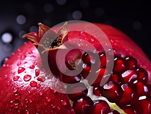 Macro shot, very close shot of a the aril of a pomegranate.