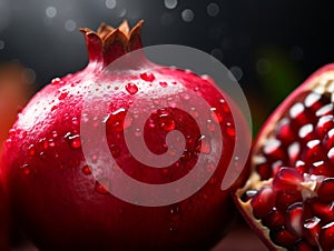 Macro shot, very close shot of a the aril of a pomegranate.