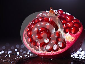 Macro shot, very close shot of a the aril of a pomegranate.