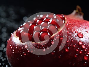 Macro shot, very close shot of a the aril of a pomegranate.