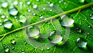 Macro Shot: Water Droplets on Green Leaf, Nature Concept photo