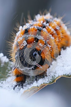 Macro Shot of a Vibrant Orange Caterpillar with Snowflakes on its Furry Body Resting on a Leaf