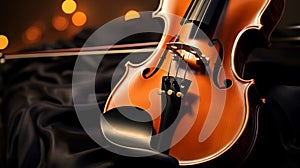 A macro shot of a violins strings and bow, highlighting the texture and detail