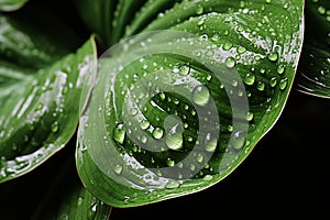 Macro shot of water droplets on lush green plant leaves, close-up nature photography