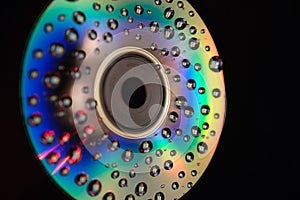 Macro shot of the water drops on a rainbow surface of a disk