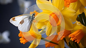 Macro Shot Of White Butterfly On Daffodils photo