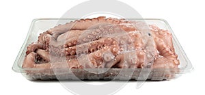 Macro Shot of Whole Frozen Octopus in Plastic Package Isolated