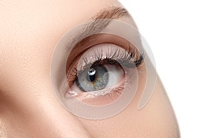 Macro shot of woman's beautiful eye with extremely long eyelashes. view, sensual look. Female eye with long eyelashes photo