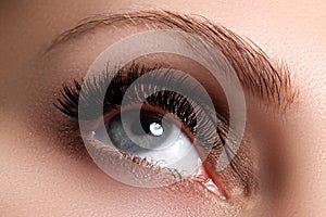 Macro shot of woman`s beautiful eye with long eyelashes