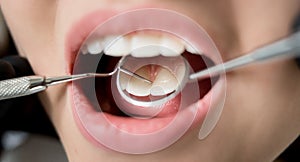 Macro shot of young woman having dental check up in dental clinic. Dentist examining a patient`s teeth with dental tools