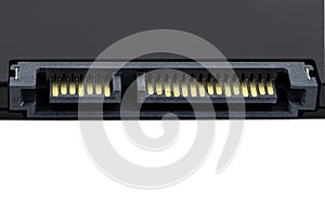 Macro shots of the SATA connector and the power connector on the solid-state drive.