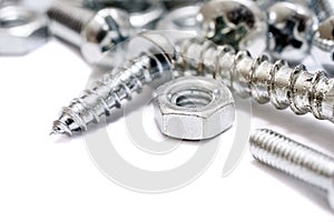 Macro Of A Small Collection Of Iron Screws, Wood Screws And Bolts With Free Space