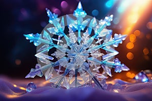 Macro snowflake on blurred shiny bokeh background.Christmas or Winter holidays greeting card concept.