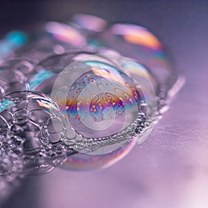 Macro of soap bubbles on a smooth surface reflecting soft colorful light