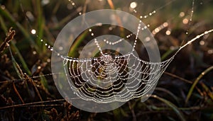 Macro spider web captures dew drop on autumn leaf outdoors generated by AI