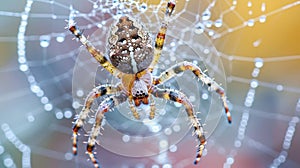 Macro spider web with dew drops in morning fog, detailed hair, photorealistic quality