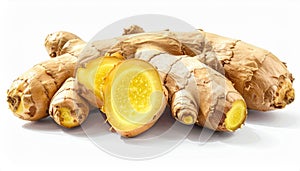 Macro Still Life of Fresh Ginger Root with Sliced Pieces on White Background