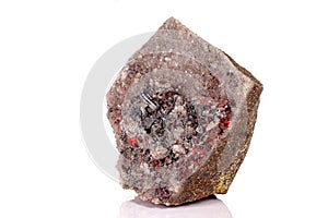 Macro stone Cinnabar with mineral stibnite on a white background