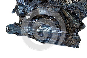 Macro stone mineral Antimonite, Stibnite on a white background