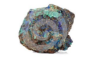 Macro stone mineral Azurite Malachite on a white background