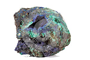 Macro stone mineral Azurite Malachite on a white background