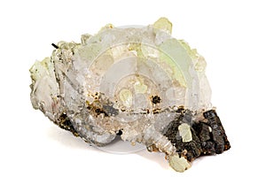 Macro stone mineral Prehnite Babingtonite On a white background