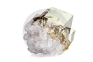 Macro stone mineral pyrite with calcite on a white background