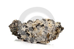 Macro stone mineral Pyrrhotite, quartz, Sphalerite, calcite, Galena on white background photo