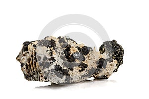 Macro stone mineral Pyrrhotite, quartz, Sphalerite, calcite, Galena on white background photo