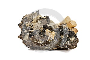 Macro stone mineral Pyrrhotite, quartz, Sphalerite, calcite, Galena on white background photo