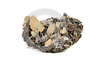Macro stone mineral Pyrrhotite, quartz, Sphalerite, calcite, Galena on white background photo
