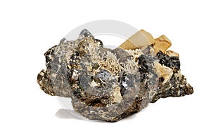 Macro stone mineral Pyrrhotite, quartz, Sphalerite, calcite, Galena on white background photo