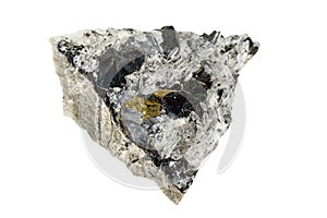 Macro stone mineral Pyrrhotite, quartz, Sphalerite, calcite, Galena on white background photo