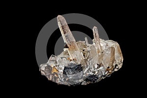 Macro stone mineral Quartz crystals on a black background
