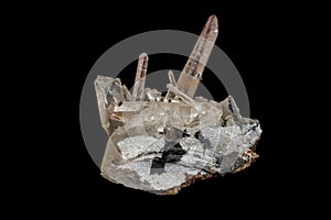 Macro stone mineral Quartz crystals on a black background