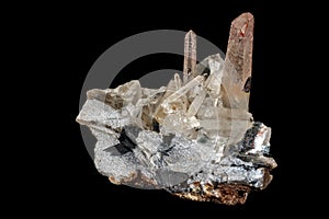 Macro stone mineral Quartz crystals on a black background