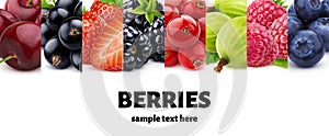 Macro of strawberry and blueberry, ripe cherry, raspberry, gooseberry and blackberry, berry collection
