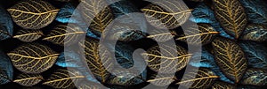 Macro texture of beautiful leaves in golden and blue tones. AI generative illustration