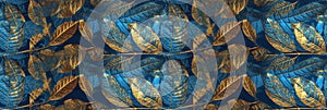 Macro texture of beautiful leaves in golden and blue tones. AI generative illustration