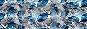 Macro texture of beautiful leaves in silver and blue tones. AI generative illustration