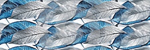 Macro texture of beautiful leaves in silver and blue tones. AI generative illustration