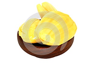 Macro three yellow jackfruit on woodwn cup white background