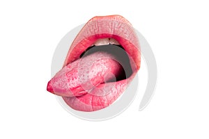 Macro tongue lick lips. Close up of woman mouth. Tongue and sexy female lips.